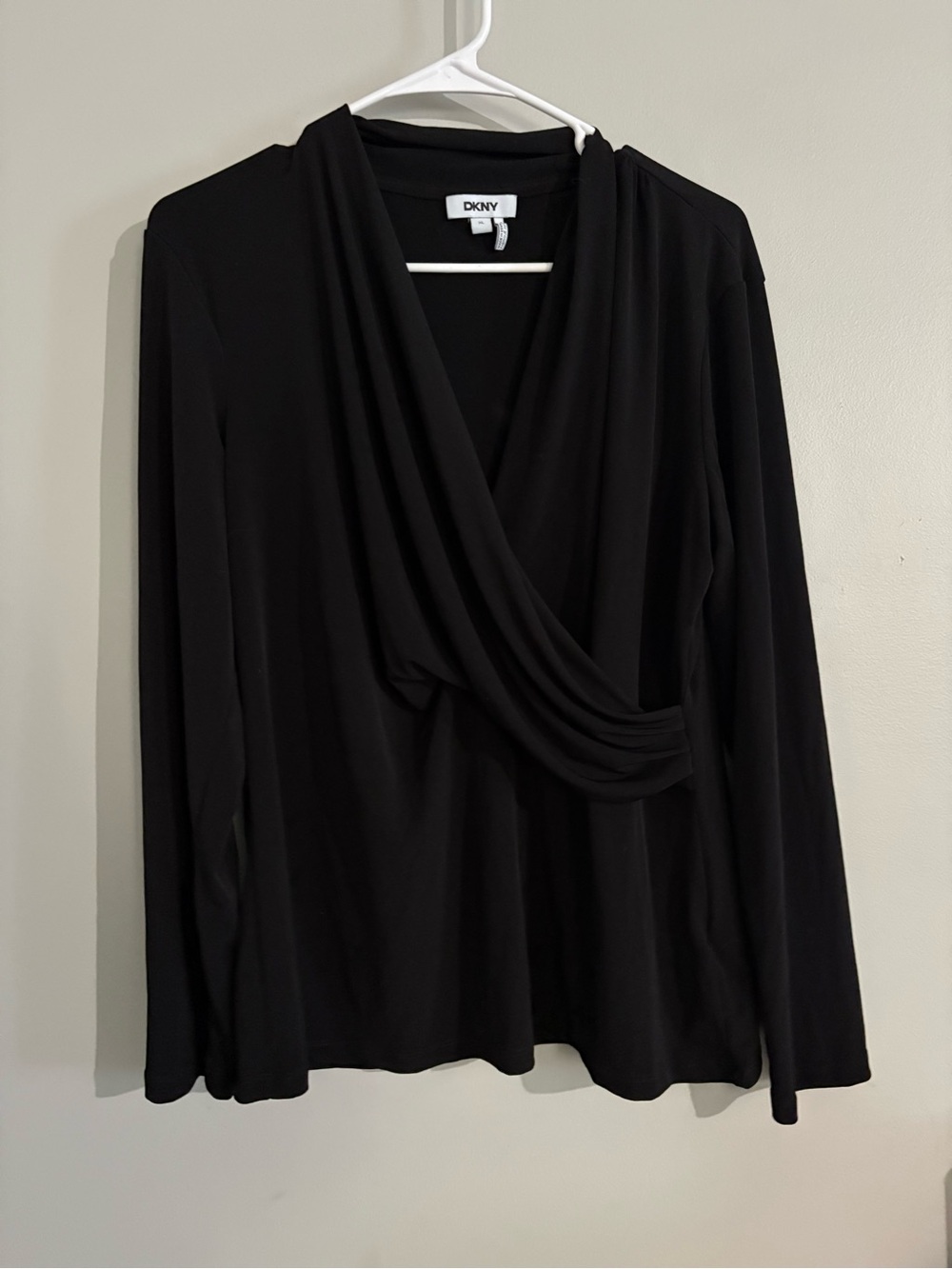 DKNY Black Draped Wrap-Front Long Sleeve Top